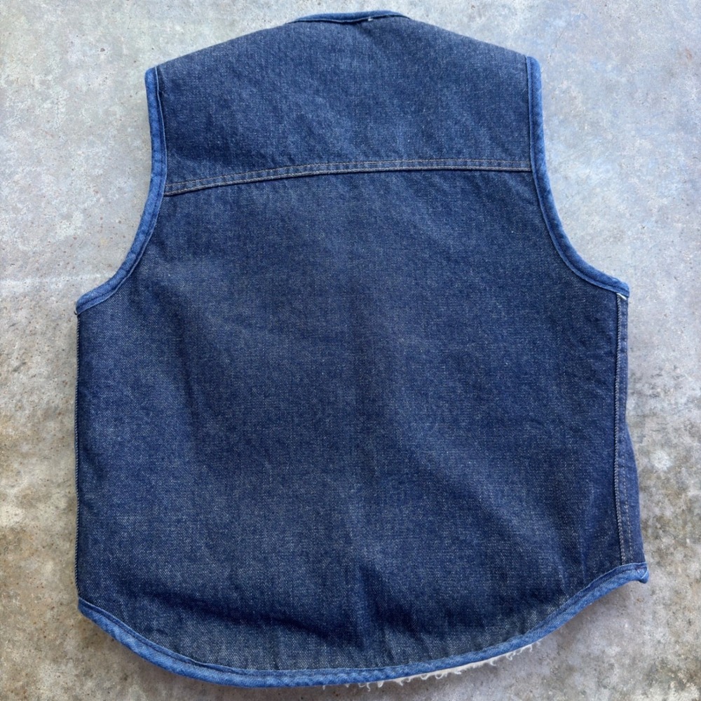 Vintage 70s Roebucks Sears Denim Sherpa Vest Americana Workwear Blue Medium g4a - Picture 6 of 8